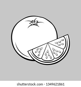 Illustration of Stylized Whole and Slice Orange. Monochrome Icon for Food Apps and Stickers Isolated on a Gray Background