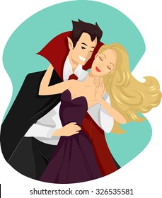 Illustration of a Suave Vampire Biting a Girl