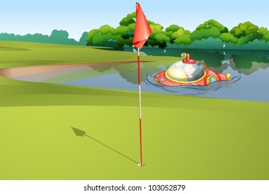 Illustration of  a submarine appearing at a golf course