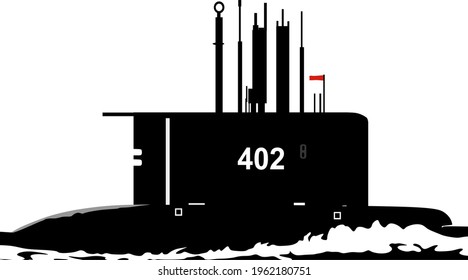 Illustration of a submarine in black and white. The missing and subsunk Indonesian submarine KRI Nanggala 402.