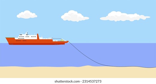 Ilustración de cables submarinos. Instalación por cable en el fondo marino. Tensión de superficie.