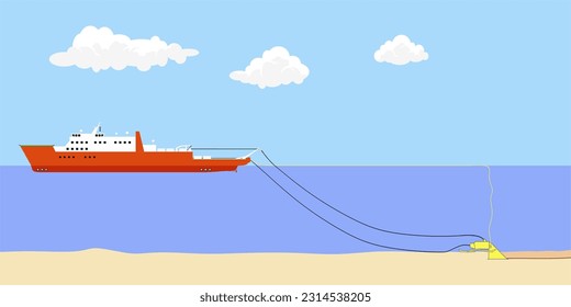 Illustration of submarine cables. Cable installation with burial method. Ploughing operation.