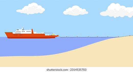 Illustration of submarine cables. Cable ships approach the shore to land the cable to the landing point. Cable landing.