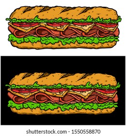 Illustration of submarine sandwich. Design element for poster, card, banner, sign, flyer.Vector illustration