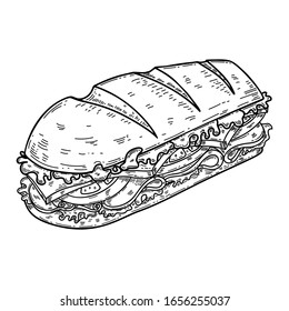 Illustration Of Submarine Sandwich In Engraving Style. Design Element For Poster, Card, Banner, Flyer. Vector Illustration