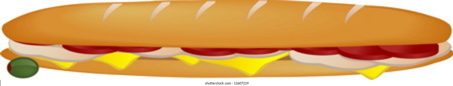 Illustration of submarine sandwich with ham cheese and tomatoes