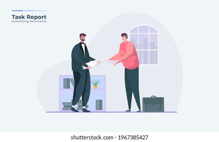 Illustration of submitting documents at the office scene, Freelancer send documents