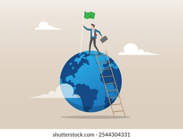 Ilustração de sucesso empresário subir escada segurando bandeira vencedora no globo. Conquistar o sucesso mundial ou global dos negócios, conceito mundial de desenvolvimento de carreira