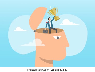 An illustration of success businessman holding winning trophy standing in his mindset head. Success mindset, positive attitude to succeed, believe or confidence concept