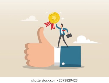 An illustration of a success businessman manager celebrating an employee award on a big thumbs up symbol. Employee of the month, staff appreciation or best office worker concept