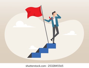Uma ilustração do homem de negócios de sucesso no topo da escada de carreira segurando a bandeira vencedora à procura do futuro visionário. homem liderança ou desafio e conceito de realização