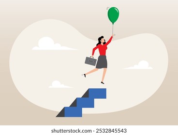 Ilustração de uma empresária de sucesso voando com balão de ar do topo da escada ou escada. Liderança feminina para superar a luta, liberdade e conceito de oportunidade