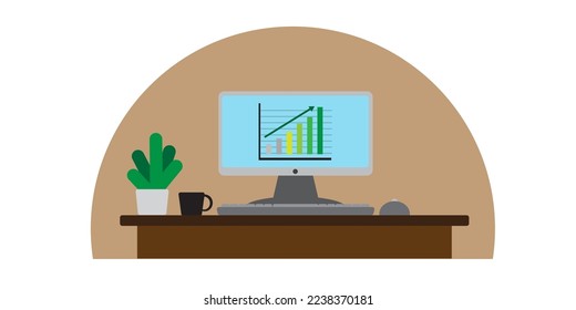 illustration of success in doing business with a computer with a diagrammatic display showing profit and progress