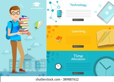 Illustration of success learning in a school. Concepts education for web banners. Students are preparing final exam.