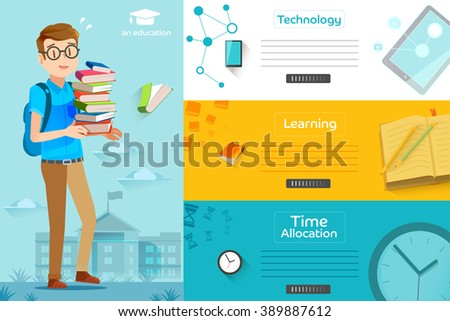 Illustration of success learning in a school. Concepts education for web banners. Students are preparing final exam.