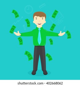 Illustration of success young businessman standing under falling raining money. 