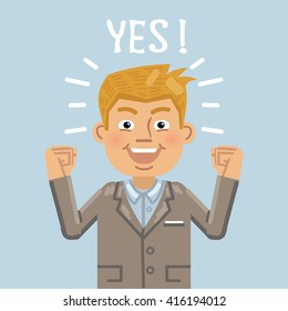 Illustration of a successful businessman. Achievement, victory, positive emotion, success. Emoticon, emoji, facial expression. Flat style vector illustration