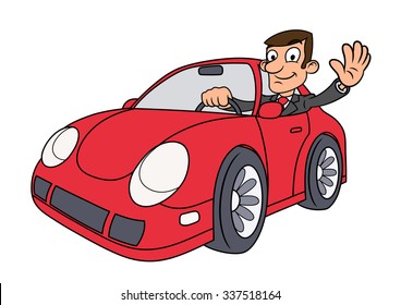 Illustration of the successful businessman driving a modern red car and waving hand 