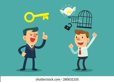 Illustration of successful businessman with golden key help unlock idea bulb from a cage