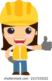 illustration of successful female constructor wearing yellow helmet and safety vest.