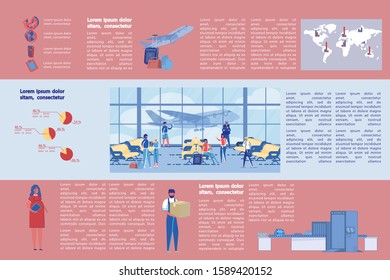 Illustration, Successful Journey, Infographic. Men and Women With Luggage are Airport Lounge. People are Waiting for their Flight. Behind Large Panoramic Window See Take-off Hollow and Plane.