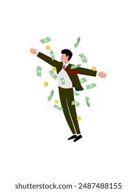 Illustration of successful man with money rain and gold coins