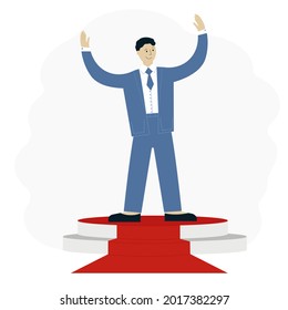 Illustration of a successful man in a suit with his hands up on the platform. Business achievement concept