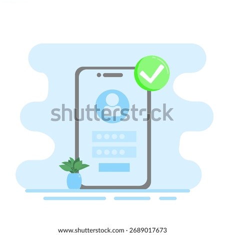 Illustration of successful registration for account creation online on a mobile phone.
