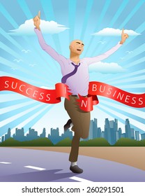 illustration of a successful running businessman reach goal in city background