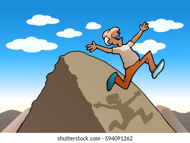 illustration of a successful running old man over the hill on nature background