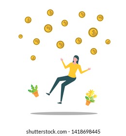 illustration successful woman in the rain of money vector