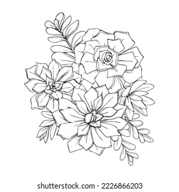 illustration of succulents flowers graphic decorative element black and white