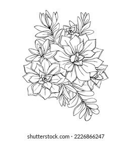 illustration of succulents flowers graphic decorative element black and white