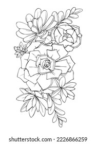 illustration of succulents flowers graphic decorative element black and white