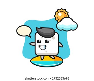 Illustration of sugar cube cartoon do surfing on the beach