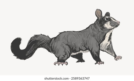 Illustration of a sugar glider with a bushy tail. The sugar glider is shown in profile. The sugar glider has a distinctive, furry appearance. Vintage animal illustration vector.