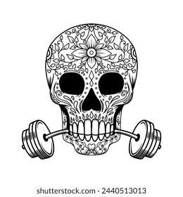 Illustration of sugar skull with barbell. Design element for logo, label, sign, emblem, badge. Vector illustration sugar skull