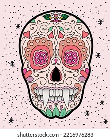 An illustration of a sugar skull with fangs inspired by tattoo artwork. 