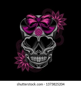 Illustration of sugar skull  lady vector illustration art flower on dark background with ribbon - design for t-shirt and other - vector.