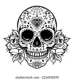 Illustration of sugar skull with roses