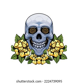 illustration of sugar skull smiling with yellow flower surround the head