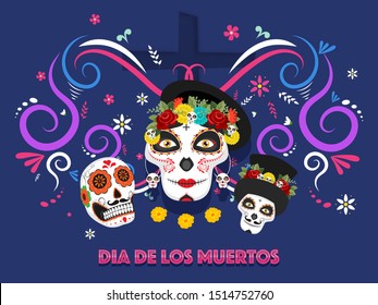 Illustration of sugar skulls or calaveras on blue floral pattern background for Dia De Muertos banner or poster design.