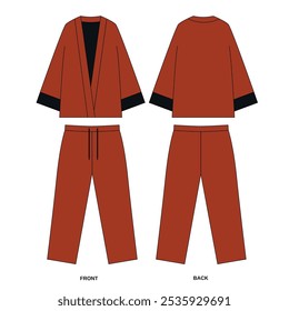 illustration of a suit. Vector drawing of loose shirt and pants in red color, front and back view.  Sketch of home and leisure costume made of pants and cape. Template of fashionable kimono suit