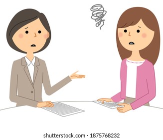 It is an illustration of a suit woman who consults with a young woman.