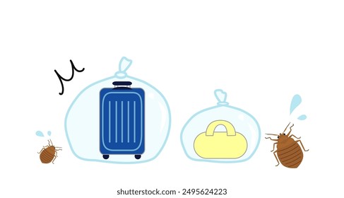 Ilustración de maleta y bolsa en bolsa de plástico para evitar chinches.