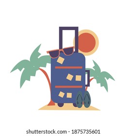illustration suitcase for holiday or trip, coconut tree, sun, go carry the suitcase.