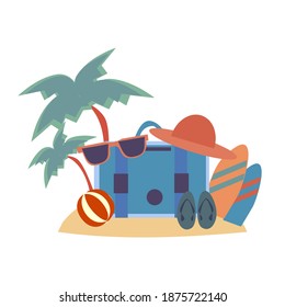 illustration of suitcase for holidays to the beach, simple, surfboards, etc.