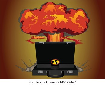 illustration of suitcase with nuclear button near explosion