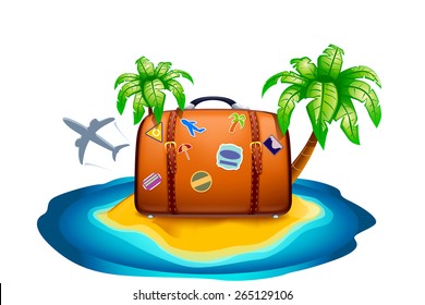 illustration of suitcase on island which discribes a journey. plane and palm trees on it