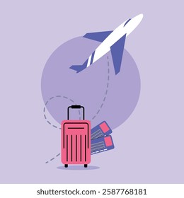 Illustration of suitcase with travel tickets, as airplane flying overhead. Excitement for upcoming adventures concept
